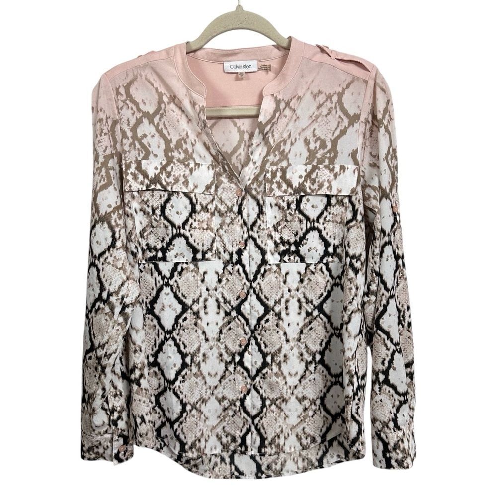Calvin Klein Sz XS Split V-Neck Long Roll Tab Sleeves Shirt Ombre Reptile Print